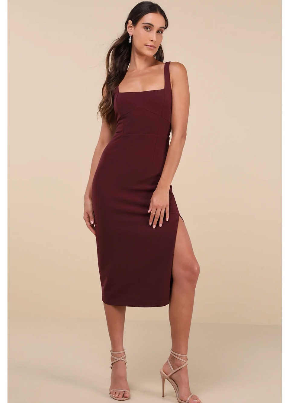 Lulus Vibrant Allure Plum Square-Neck Sleeveless Bodycon Crepe Knit Midi Dress